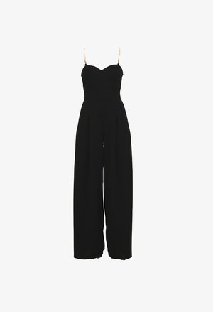Black jumpsuit with a sweetheart neckline, thin straps, and pleated wide-leg design. Features beaded strap accents. Smooth fabric texture.