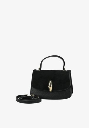 Black leather handbag with top handle, detachable shoulder strap, and oval-shaped silver clasp on front flap.