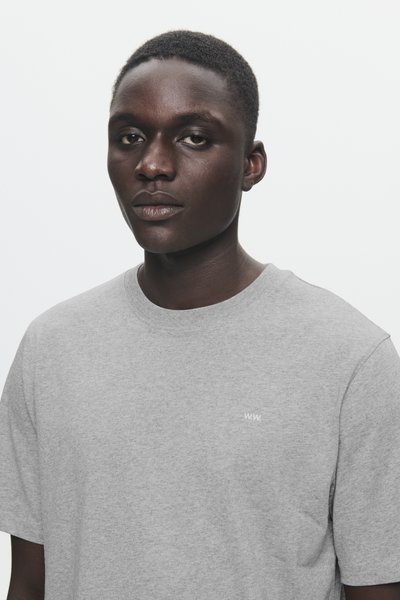 Gray t-shirt made of soft material, featuring a round neck and short sleeves. Small logo in white on the left chest area.