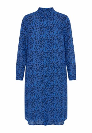 Vestido camisa azul de manga larga con estampado de leopardo azul oscuro y cierre de botones en la parte delantera.