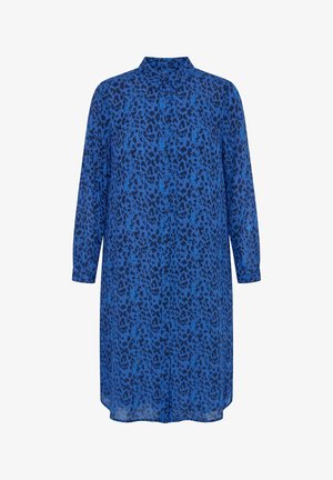 Vestito camicia blu a maniche lunghe con motivo leopardato blu scuro e chiusura frontale con bottoni.
