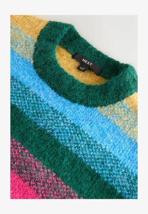 Sweter w wielokolorowe paski w odcieniach zielonym, niebieskim, żółtym i różowym. Posiada teksturowany splot oraz okrągły dekolt. Widoczna metka.