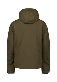 Olijfgroene hoodie met een gladde, matte afwerking, met een rechte snit, ingesneden mouwen en zonder zichtbare hardware op de achterkant.