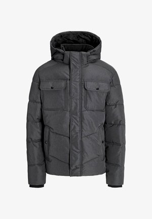 Siva podložena jakna z visokim ovratnikom, sprednjim zadrgo, dvema prsnih žepoma in stranskimi žepi. Teksturovana tkanina s prešitim dizajnom.