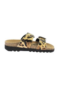 Sandalias con estampado de leopardo, con dos correas ajustables, plantilla de corcho y suela de goma texturizada negra para mayor agarre. Presenta un diseño plano.
