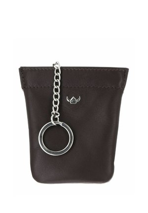 Kleines dunkelbraunes Lederetui mit silberner Kette und Schlüsselring, vorne mit kleinem silbernem Wikingerhelm-Logo.