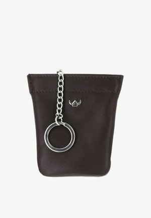 Petite pochette en cuir brun foncé avec chaîne et porte-clés argentés, avec un petit logo casque viking argenté à l'avant.