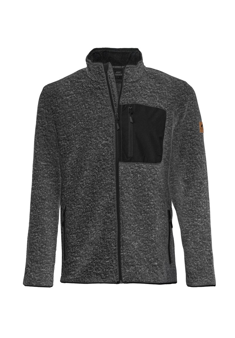 Fleecejacke in Dunkelgrau mit Reißverschluss vorne, schwarzer Brusttasche und seitlichen Taschen. Mit hohem Kragen und strukturiertem Stoff.