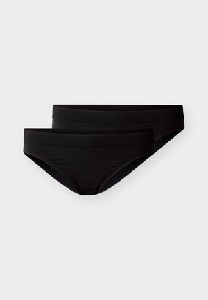 Due mutande bikini nere senza cuciture con ampie fasce elastiche in vita, esposte su uno sfondo bianco neutro.