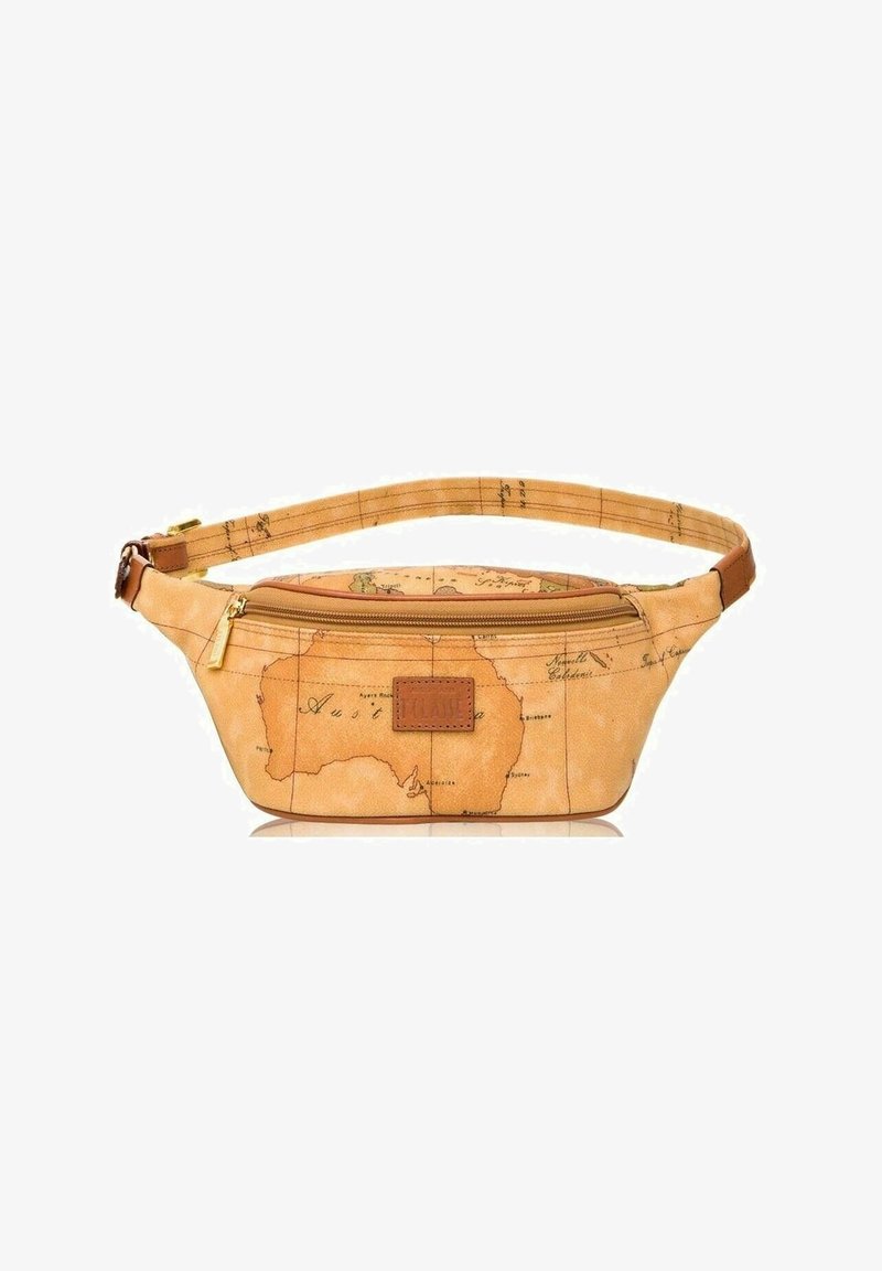 Marsupio marrone chiaro con design a mappa, cerniera dorata e dettagli in pelle marrone. Presenta una tasca frontale e una tracolla regolabile per un indosso sicuro.