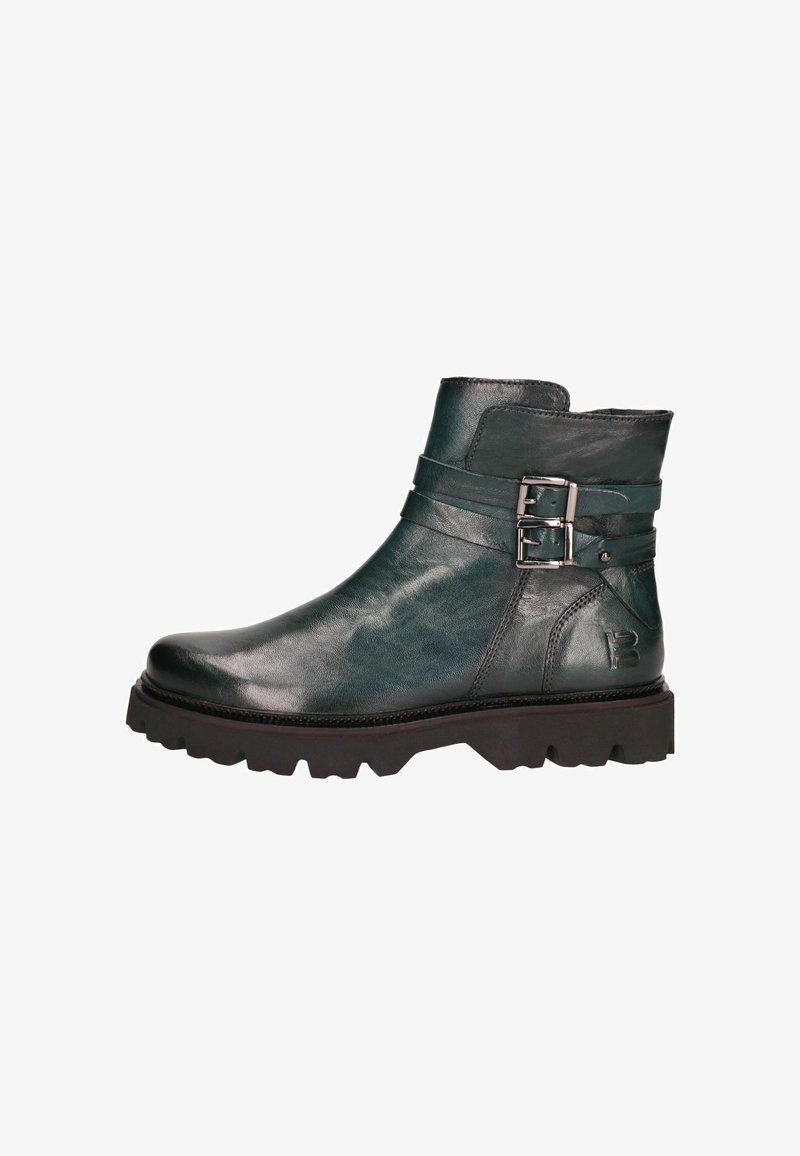 Grüne Leder-Stiefeletten haben ein glattes Finish, doppelte Schnallenakzente und eine klobige schwarze Sohle mit Profil.
