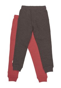 To sæt børnebukser: et gråt og et rødt, begge lavet af blødt stof med elastisk talje og ribbet afslutning.