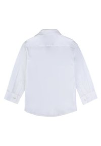 Camicia bianca a maniche lunghe con colletto classico, polsini con bottone e tessuto liscio con finitura lucida. Visualizzazione da dietro.