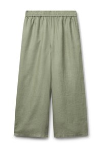 Pantalones de pierna ancha en verde claro, fabricados en un tejido suave y con textura. Cuentan con una cintura elástica para mayor comodidad y un ajuste holgado en toda su extensión.