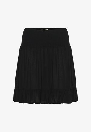 Fekete szoknya könnyű anyagból, gumis derékkal és fodros szegéllyel. Az anyag puha, légies textúrájú.