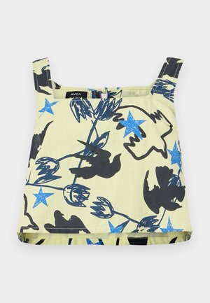 Μπεζ αμάνικο crop top με μπλε αστέρια, μαύρες σιλουέτες πουλιών και αφηρημένα λουλουδένια σχέδια.