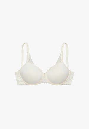 Cream-colored padded bra with underwire, adjustable straps, and lace detailing on sides and back band.