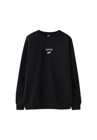 Sweatshirt noir à manches longues avec col rond, petit texte blanc "STWD REC." et logo signature centrés sur la poitrine.