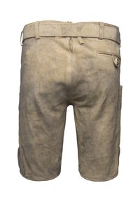 Béžové kožené šortky s hladkým povrchem, poutky na opasek, zadní kapsou a boční kapsou pro větší funkčnost.