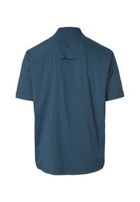 Camisa de manga corta abotonada en azul oscuro con un patrón de cuadros. Presenta un corte recto en la parte posterior, cuello y una pequeña abertura en la parte trasera.