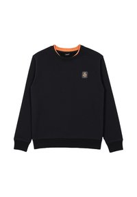 Felpa nera in cotone, con accentuazione arancione sul colletto, polsini a costine e una piccola toppa con un design sul lato sinistro del petto.