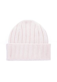 Beanie rosa lavorato a maglia con coste verticali, dotato di una larga risvolto. Il materiale appare morbido e leggero.