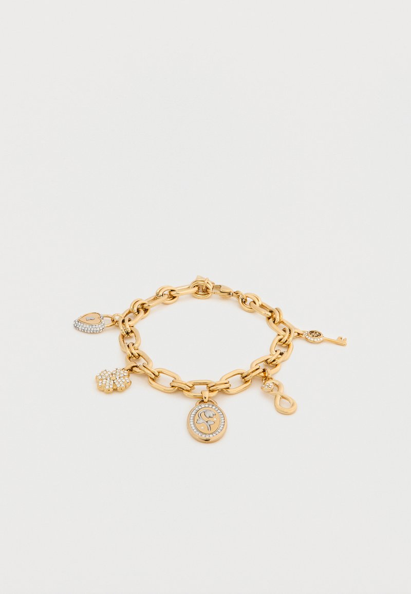 Βραχιόλι αλυσίδα χρυσού με πολλά φυλαχτά, συμπεριλαμβανομένου ενός κλειδιού, καρδιάς, συμβόλου του άπειρου και ενός λεπτομερούς στρογγυλού μενταγιόν με λίθους.