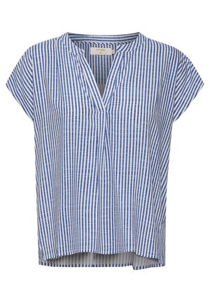Haut à manches courtes rayé bleu et blanc avec un décolleté en V, en tissu léger, avec un détail de pli à l'avant et une coupe décontractée.
