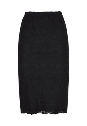 Schwarzer Bleistiftrock aus Spitze mit elastischem Bund, filigranem Blumenmuster und gewelltem Saum, entworfen für eine figurbetonte Silhouette.