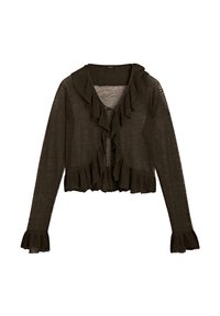 Cardigan léger marron foncé avec un devant froncé, des manches longues avec des poignets évasés et un col à nouer. Fabriqué dans un matériau transparent et texturé.