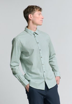 Lichtgroen gestreept shirt met een geometrisch ontwerp, lange mouwen, knopen aan de voorkant en een klassieke kraag. Gladde stofstructuur.