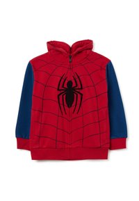 Sudadera roja con mangas azules, con un patrón de telaraña y un emblema de araña negra en la parte frontal. El material parece suave y acogedor.
