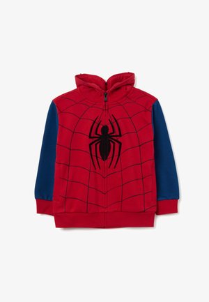 Red hoodie with blue sleeves, featuring a spider web pattern and a black spider emblem on the front. Material appears soft and cozy.
