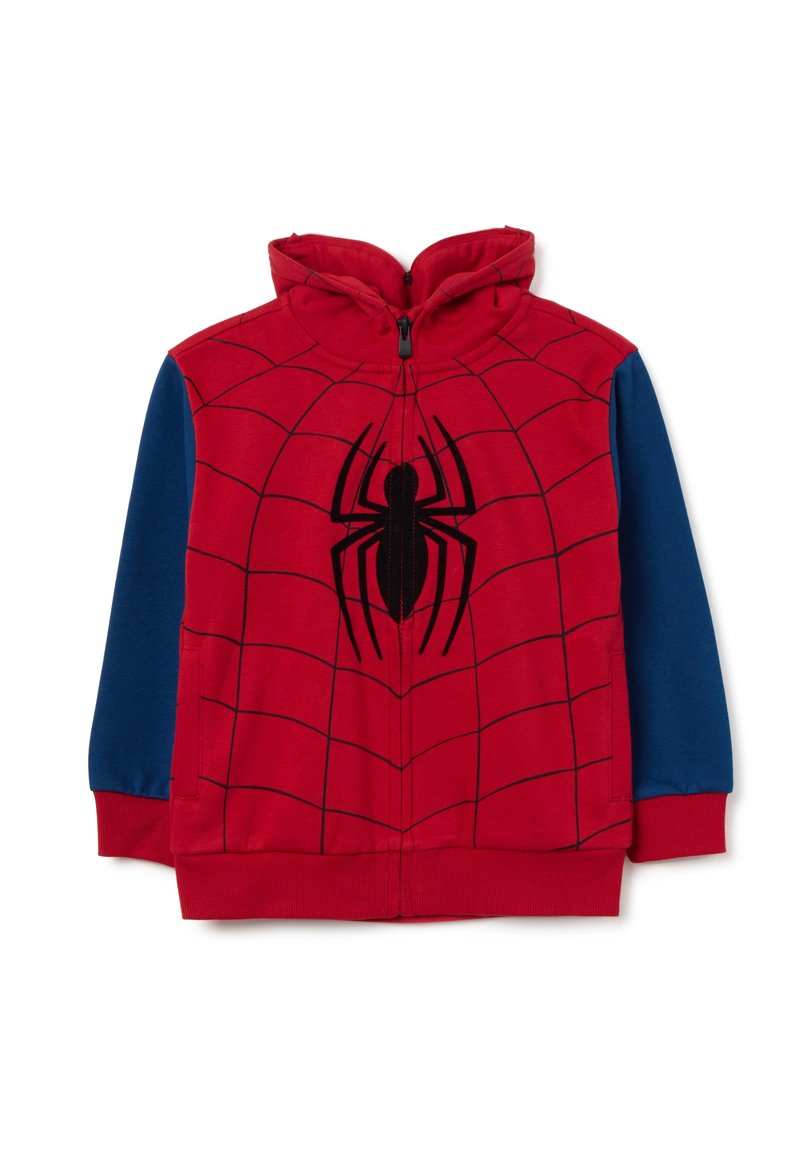 Sudadera roja con mangas azules, con un patrón de telaraña y un emblema de araña negra en la parte frontal. El material parece suave y acogedor.