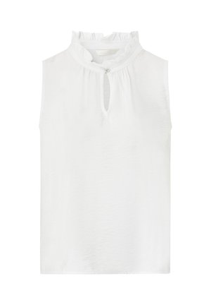 Ärmellose weiße Bluse mit einem hochgeschlossenen, gerafften Kragen und einer kleinen vorderen Schlüsselloch-Öffnung, die mit einem dekorativen Knopf befestigt ist.