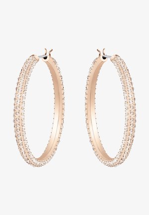 Paire de boucles d'oreilles créoles en or rose incrustées de deux rangées de petits cristaux clairs sur les bords extérieurs, avec fermoirs à charnière.
