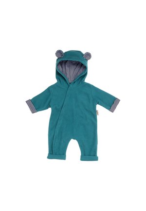 Teal baby romper with hood featuring bear ears, striped lining in hood and cuffs, designed for warmth and comfort.