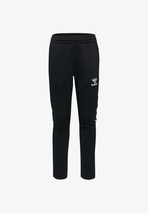 Pantalones deportivos negros con cintura elástica, piernas estrechas y logo blanco de hummel en la parte superior del muslo izquierdo.