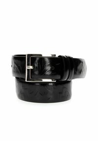 Cintura in pelle nera con un motivo in rilievo, dotata di una fibbia rettangolare in argento e un contrasto di texture tra i vari strati.