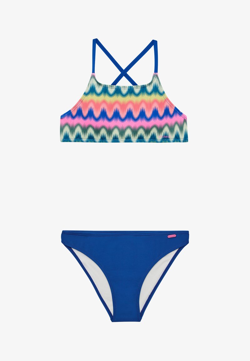 Dviejų dalių maudymosi kostiumėlis su daugiakomponentiu zigzagu raštuotu viršumi su kryžminėmis dirželis ir vientisu mėlynu dugnu su kontrastinga pamušalu.