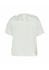 White short-sleeve top with a ruffled neckline, made of smooth fabric. The design features a loose fit and plain texture.