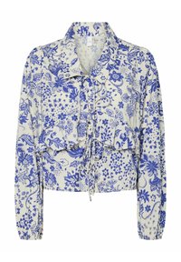 Kort blus i lättviktsmaterial med blå blommönster på vit bakgrund. Har krage, volangdetaljer och knytning.