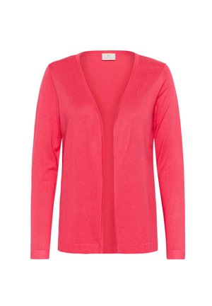 Cardigan léger, ouvert à l'avant, de couleur rose vif. Il possède des manches longues et une texture douce, sans fermeture. Design simple et épuré.
