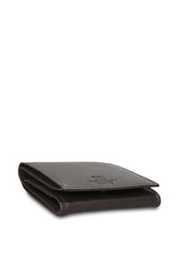 Bruine leren portemonnee met een gestructureerde afwerking, een opvouwbaar ontwerp en zichtbare stiksels. Voorzien van een geperst logo aan de voorkant voor branding.