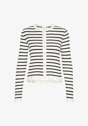 Mustavalkoraitainen neuletakki, jossa on pyöreä kaulus, pitkät hihat ja edessä nappikiinnitys. Valmistettu ribbikudotusta kankaasta.