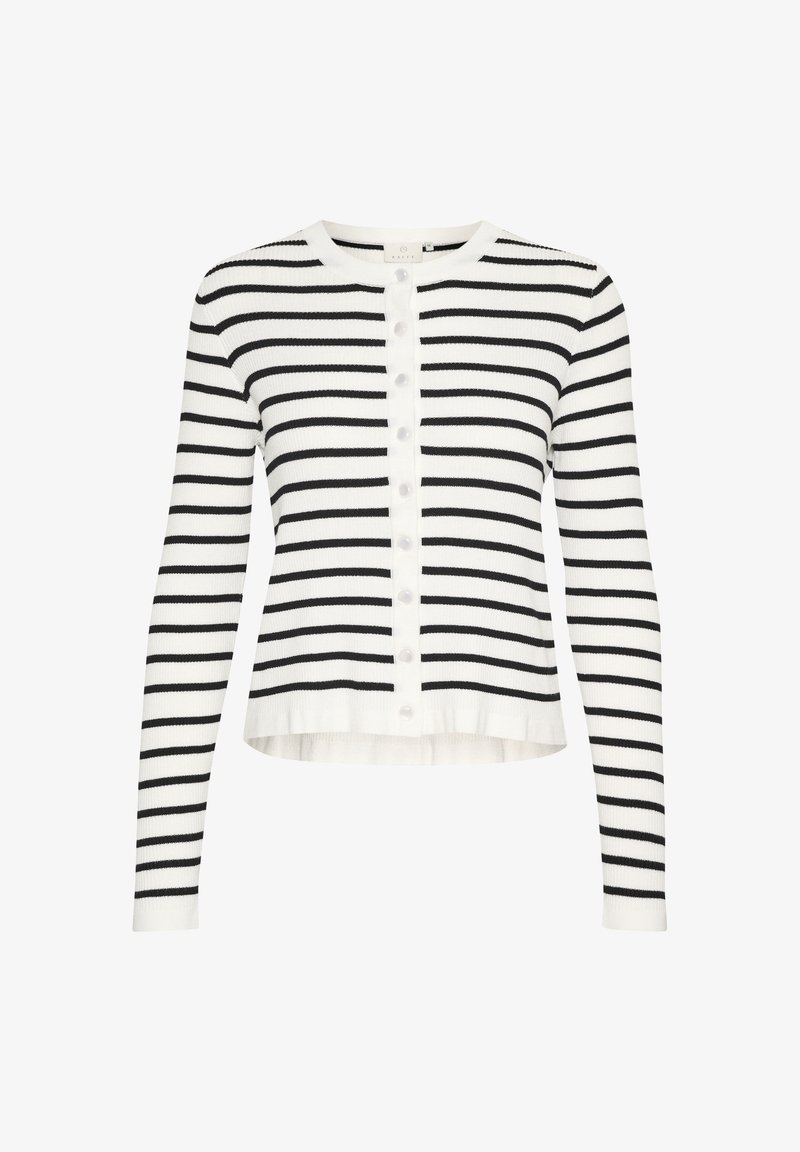 Czarny i biały kardigan w paski z okrągłym dekoltem, długimi rękawami i zapinany na guziki z przodu. Wykonany z prążkowanej dzianiny.