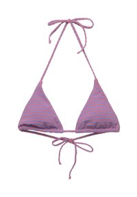 Prugasti bikini gornji dio u ružičastoj i ljubičastoj boji, s trokutastim šalicama, podešavajućim vezicama i teksturiranim materijalom s horizontalnim prugama.