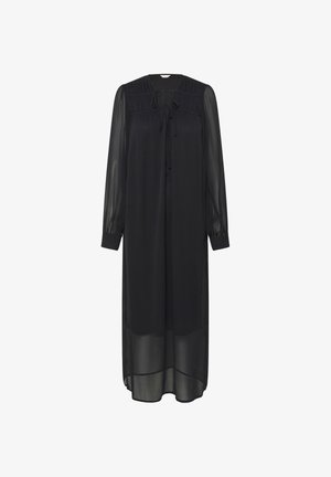 Lungo abito nero realizzato in tessuto trasparente con scollo rotondo, dettaglio con fiocco sulla parte anteriore e maniche lunghe a palloncino.