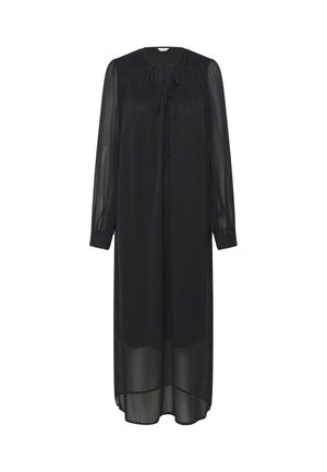 Dlhé čierne šaty vyrobené z priesvitnej látky s okrúhlym výstrihom, detailom na viazanie vpredu a dlhými, riasenými rukávmi.