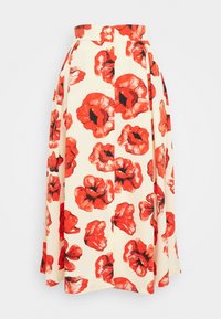 Midi-hame, jossa on vaalea kermaan vivahtava tausta ja suuret punaiset unikon kukkakuviot. Hameessa on istuva vyötärö ja etupuolella napit.